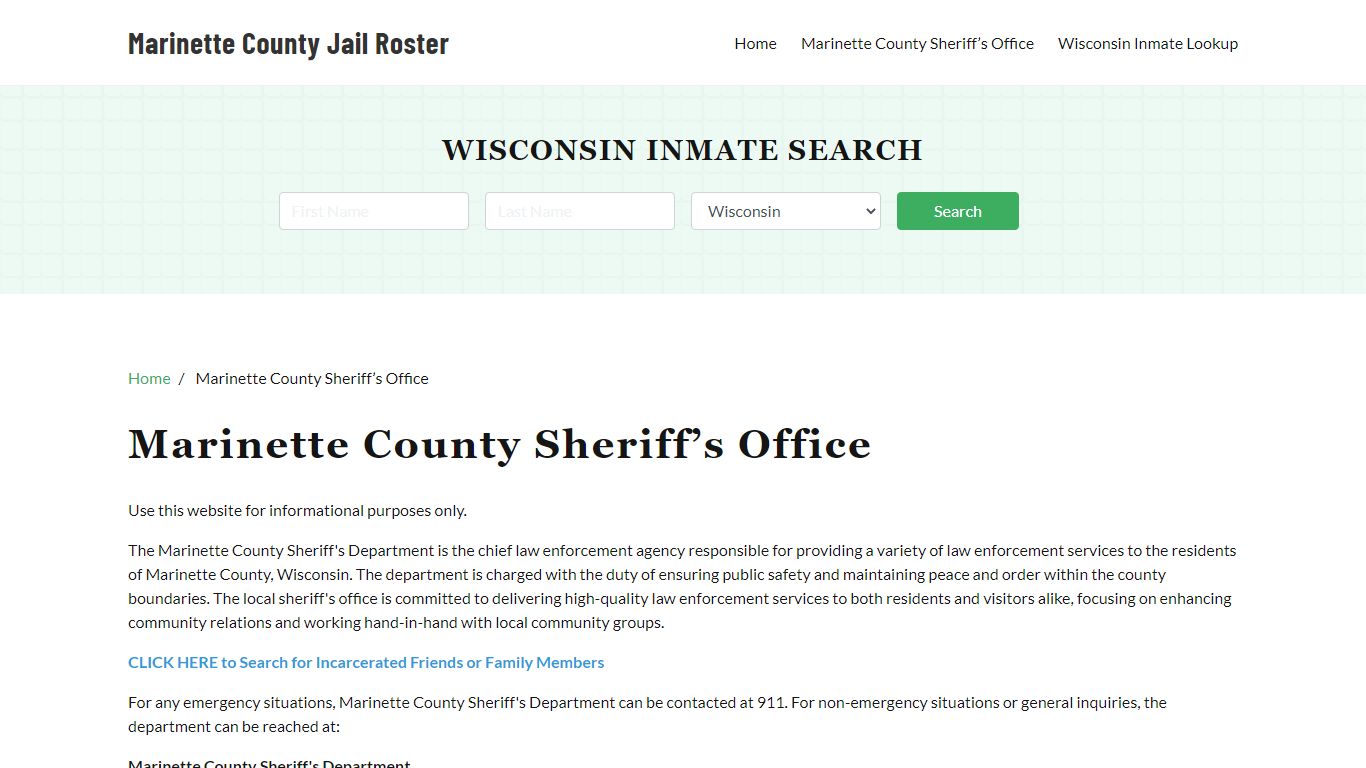 Marinette County Sheriff Office, WI, Arrest Warrants Search